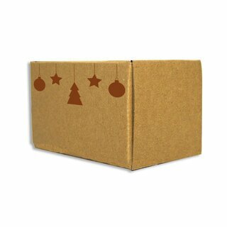 Faltkarton bedruckt, 130 x 85 x 85 mm (Innenmae), 1-wellig, braun, mit Weihnachtsdruck ohne Firmenname Tannenbaum, Sterne, Kuge rost
