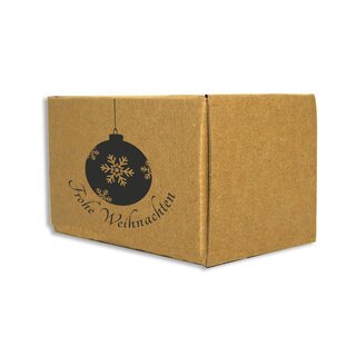 Faltkarton bedruckt, 130 x 85 x 85 mm (Innenmae), 1-wellig, braun, mit Weihnachtsdruck mit Firmenname Weihnachtskugel schwarz