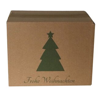 Faltkarton bedruckt, 190 x 150 x 140 mm (Innenmae), 1-wellig, braun, mit Weihnachtsdruck ohne Firmenname Tannenbaum grn