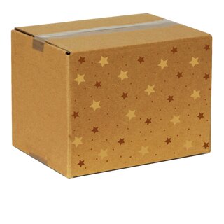 Faltkarton bedruckt, 190 x 150 x 140 mm (Innenmae), 1-wellig, braun, mit Weihnachtsdruck ohne Firmenname Sterne rost- gold