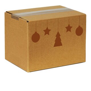 Faltkarton bedruckt, 190 x 150 x 140 mm (Innenmae), 1-wellig, braun, mit Weihnachtsdruck ohne Firmenname Tannenbaum, Sterne, Kugel rost