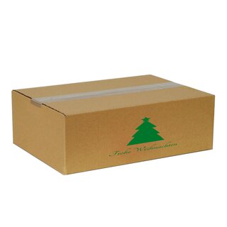 Faltkarton, 350 x 250 x 120 mm (Auenmae), 1-wellig, braun, mit Weihnachtsdruck ohne Firmenname Tannenbaum grn