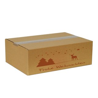 Faltkarton, 350 x 250 x 120 mm (Auenmae), 1-wellig, braun, mit Weihnachtsdruck ohne Firmenname Hirsch mit Sternen rost