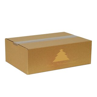 Faltkarton, 350 x 250 x 120 mm (Auenmae), 1-wellig, braun, mit Weihnachtsdruck mit Firmenname Tannenbaum gold