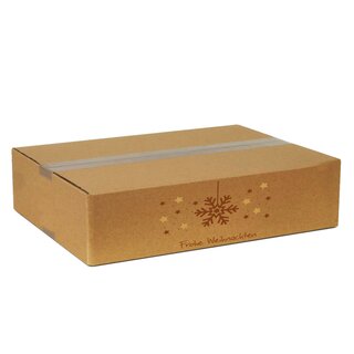 Faltkarton bedruckt, 400 x 300 x 100 mm (Auenmae), 1-wellig, braun, mit Weihnachtsdruck ohne Firmenname Schneeflocke gro rost- gold