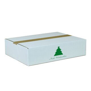 Faltkarton bedruckt, 400 x 300 x 100 mm (Auenma) 1-wellig wei, mit Weihnachtsdruck ohne Firmenname Tannenbaum grn