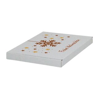 Grobriefkarton bedruckt, 230 x 160 x 20 mm, wei mit Weihnachtsdruck mit Firmenname Schneeflocke gro rost- gold