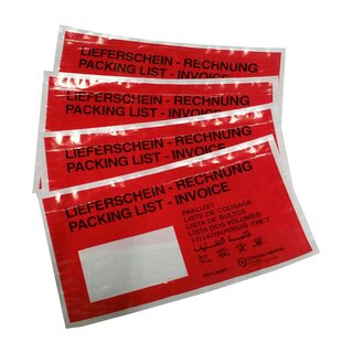 Lieferscheintaschen aus Papier, DIN Lang, 240 x 135 mm, Rot bedruckt Rechnung/ Lieferschein, VPE: 1000