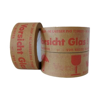 Papierklebeband, 50 mm x 50 lfm, braun, Warndrucke Vorsicht Glas + Kelch